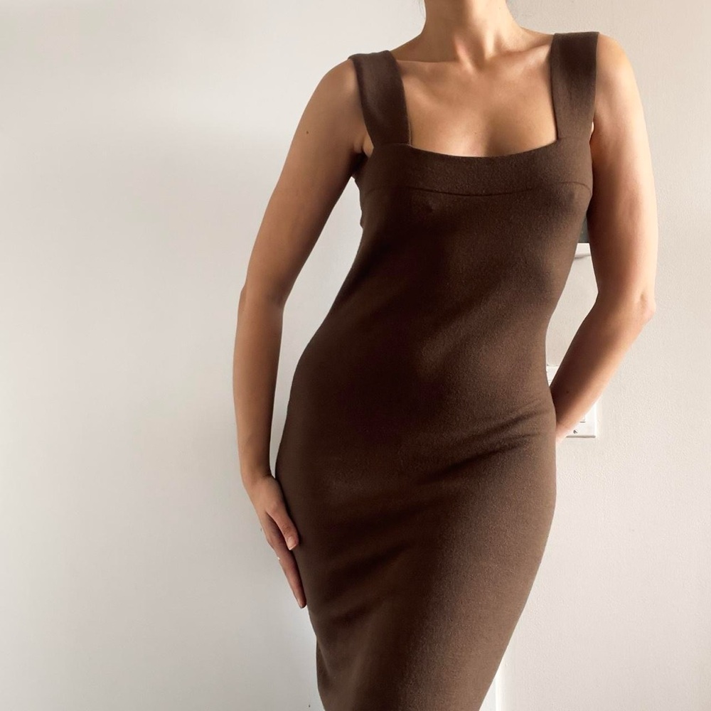Vince | Chocolate brown knit bodycon midi dress square neckline back slit | Sz M
